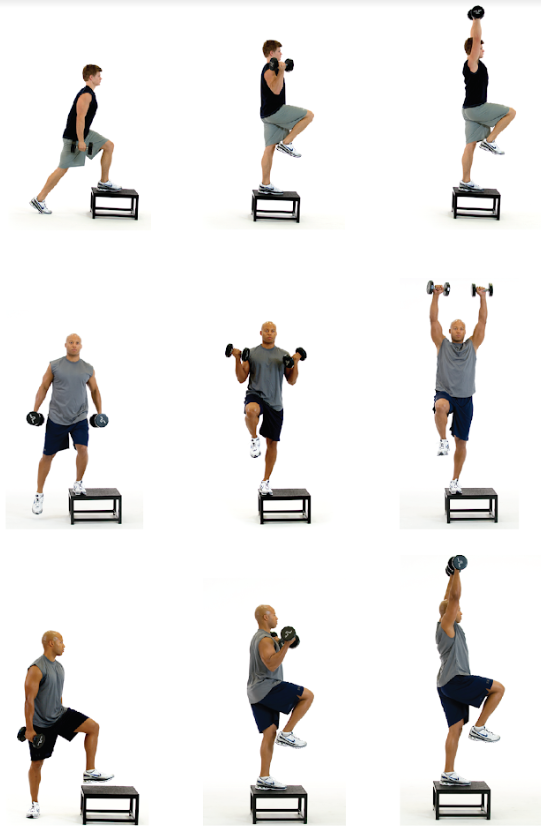 STEP-UP BALANCE CURL OH PRESS