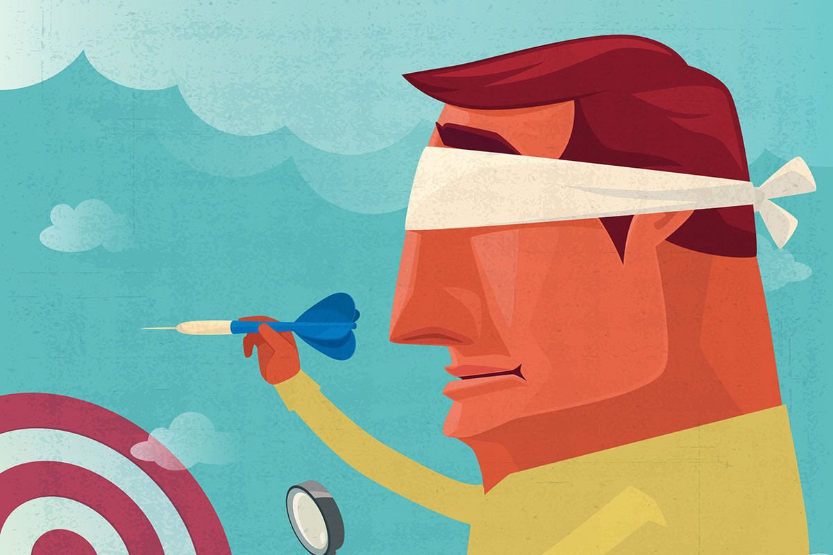Drawing of blindfolded man throwing dart